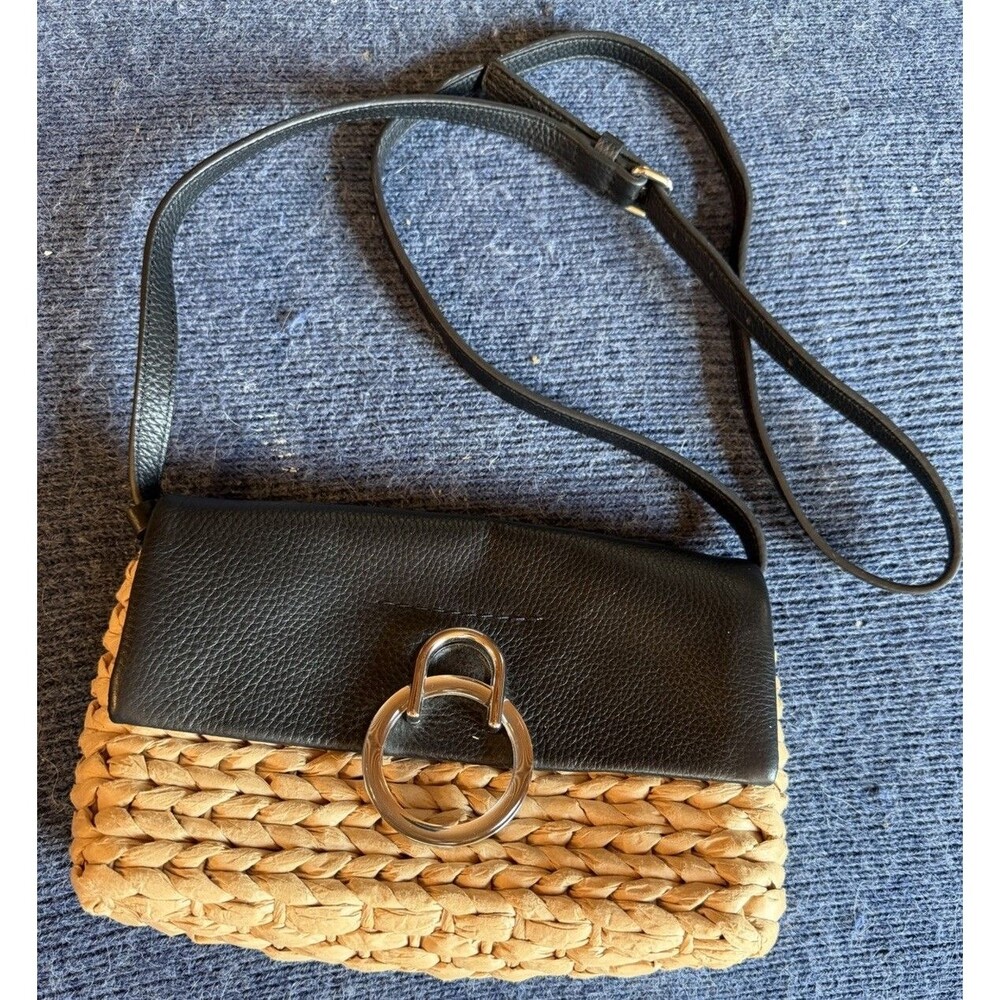Vince Camuto Raffia /Black Leather Crossbody Silver Hardware Black Strap